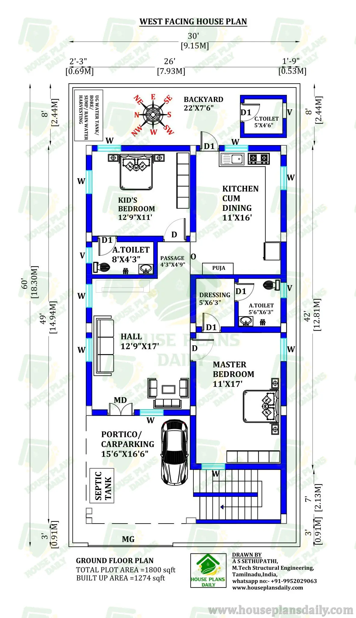 30x60 House Plan | 2bhk West Facing House Plan | House Plan with Car ...